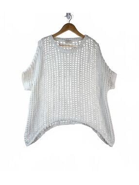 BiBi White Boho Oversized Open-Knit Crochet Short-Sleeve Poncho Sweater- Large‎